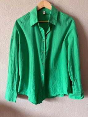 Bright Green Button Down Shirt Cotton Relaxed Fit Collared Blouse Women’s Top
